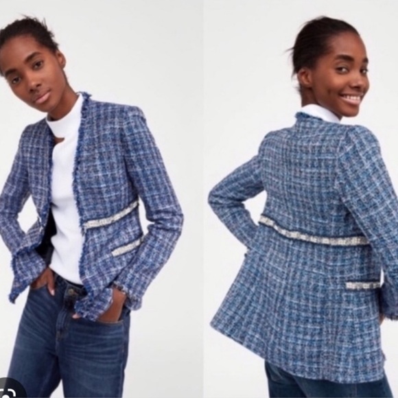 Zara Blue Tweed Blazer with Gorgeous Pearl Trim - Picture 2 of 12